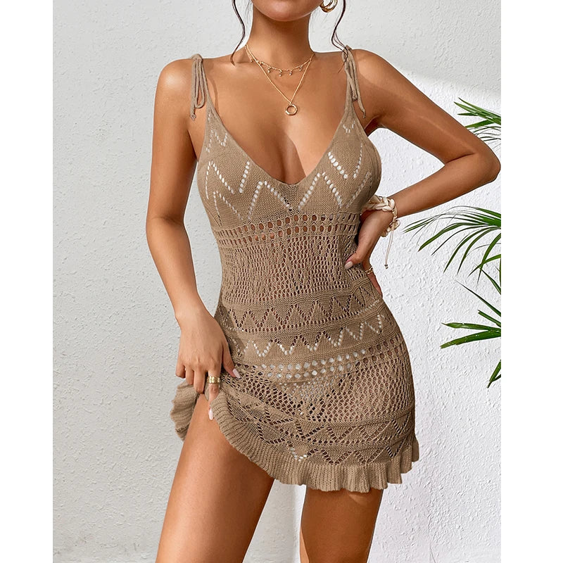 Halter Summer Knitted Beach Dress – Solid Color, Backless Cover-Up