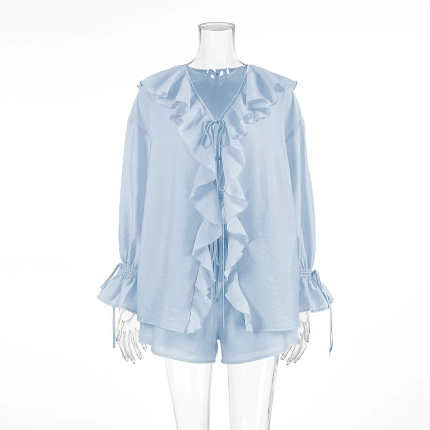 Tornova Women’s Ruffled Shorts Set – V Neck Lace-Up Shirt + Casual Shorts