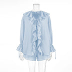 Tornova Women’s Ruffled Shorts Set – V Neck Lace-Up Shirt + Casual Shorts