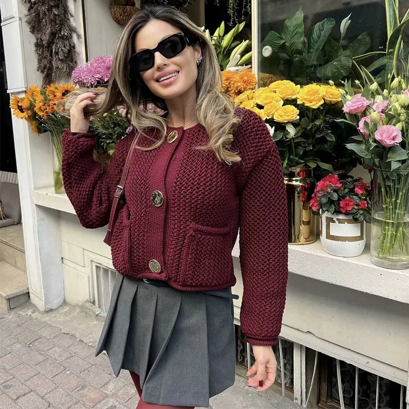 TRAF Autumn Winter Knitted Cardigans for Women – Casual Loose Button Sweater Coat