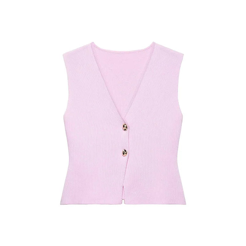 Light pink sleeveless top with buttons on a white background