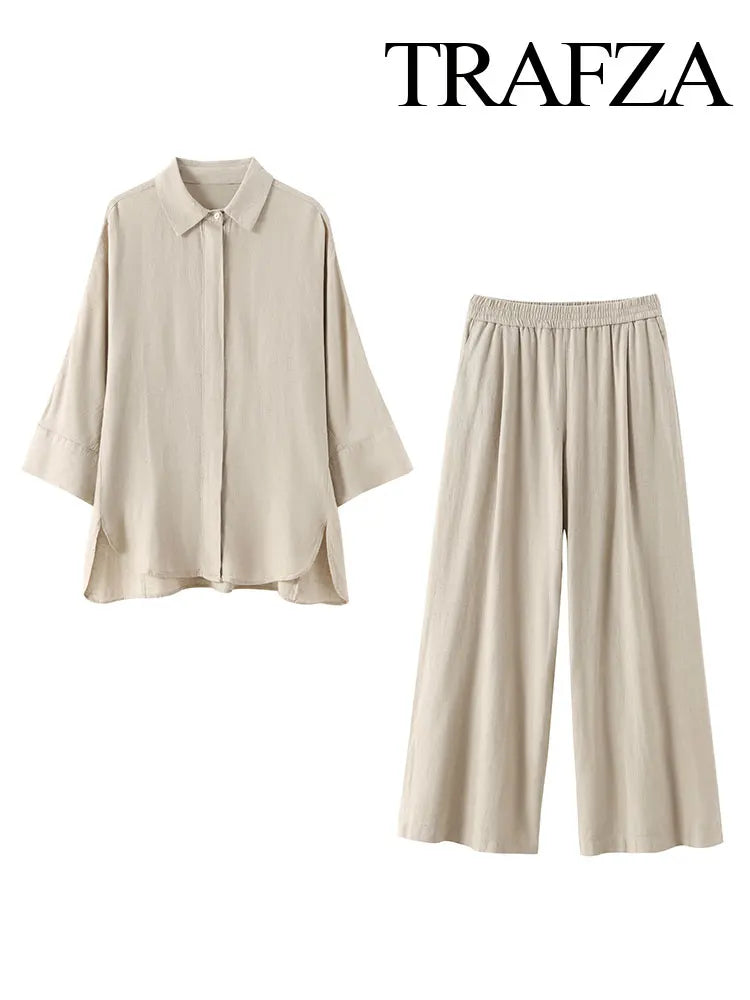 TRAFZA Women 2 Piece Set Elastic Waist Pocket Folds Decorate Wide Leg Pants+Solid Single-Breasted Slit Hem Blouse Top