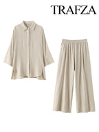 TRAFZA Women 2 Piece Set Elastic Waist Pocket Folds Decorate Wide Leg Pants+Solid Single-Breasted Slit Hem Blouse Top