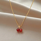 Little Wine Red Cherry Pendant Necklace – Golden Chain Women’s Fashion Jewelry