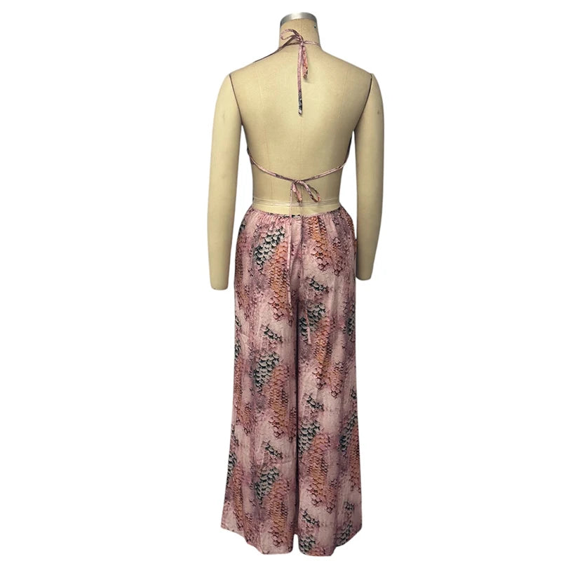 Wisteria Printed Halter Neck Jumpsuit – Casual Chic Wide Leg Romper