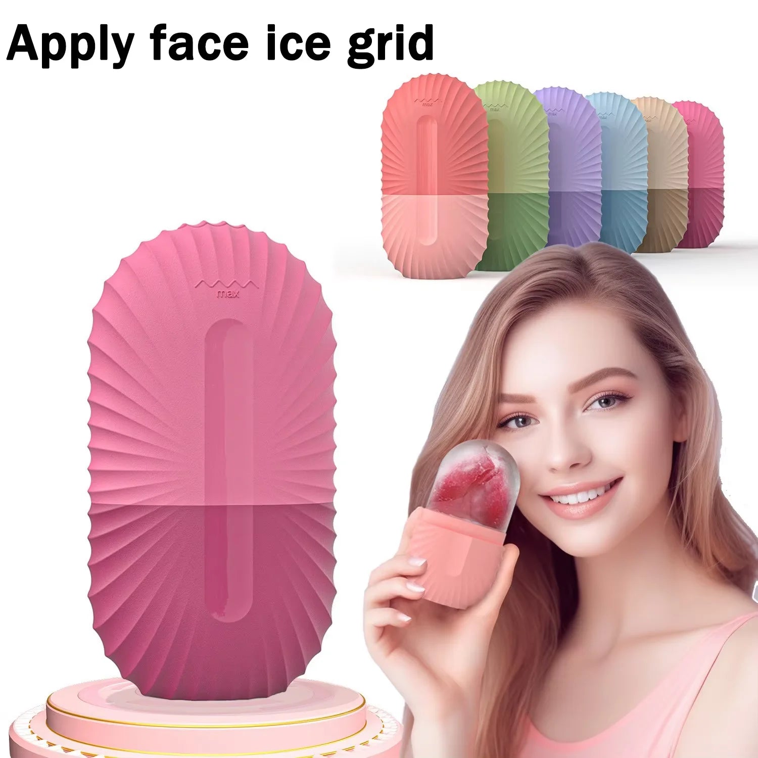 Pink face ice grid with a woman holding it, surrounded by other color options on a white background.