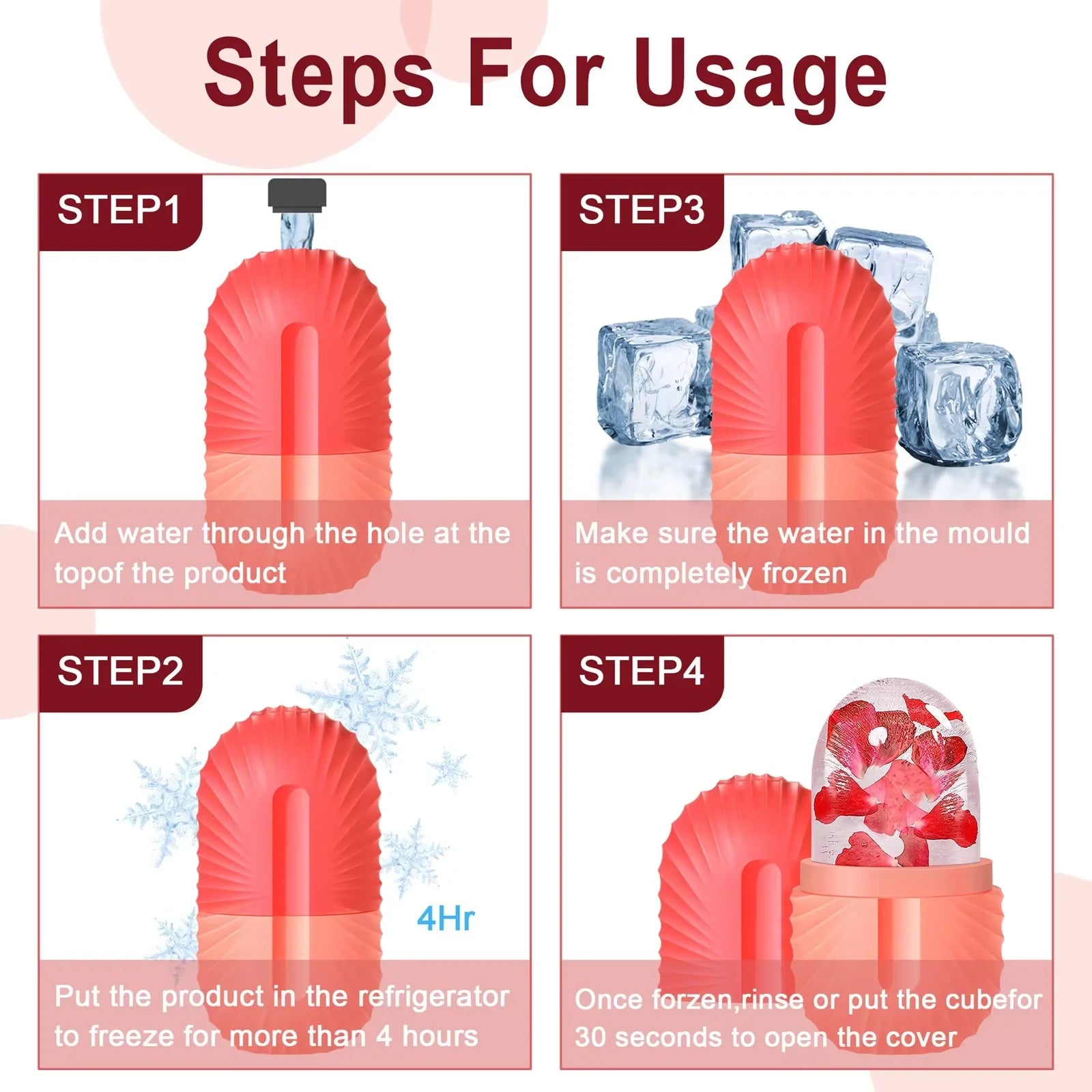 Steps for using a red silicone ice cube mold with text instructions.