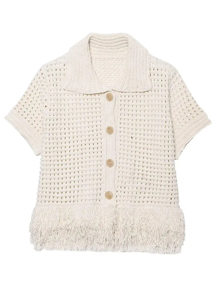 Women’s Elegant White Knit Tassel Skirt Suit – Summer Collection