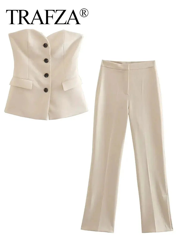 TRAFZA Women’s Pant Set – Strapless Tank Top & High Waist Straight Pants Office Lady Suit