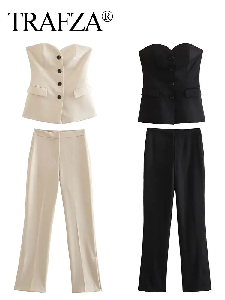 TRAFZA Women’s Pant Set – Strapless Tank Top & High Waist Straight Pants Office Lady Suit