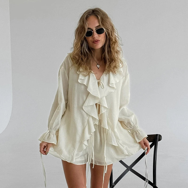 Tornova Women’s Ruffled Shorts Set – V Neck Lace-Up Shirt + Casual Shorts