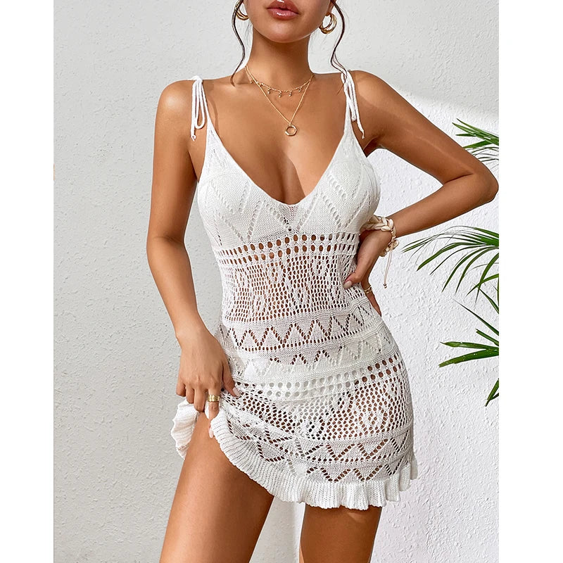 Halter Summer Knitted Beach Dress – Solid Color, Backless Cover-Up