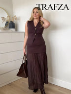 TRAFZA Women’s 2-Piece Set – V-Neck Knitted Vest Top + Elegant High Waist Long Skirt