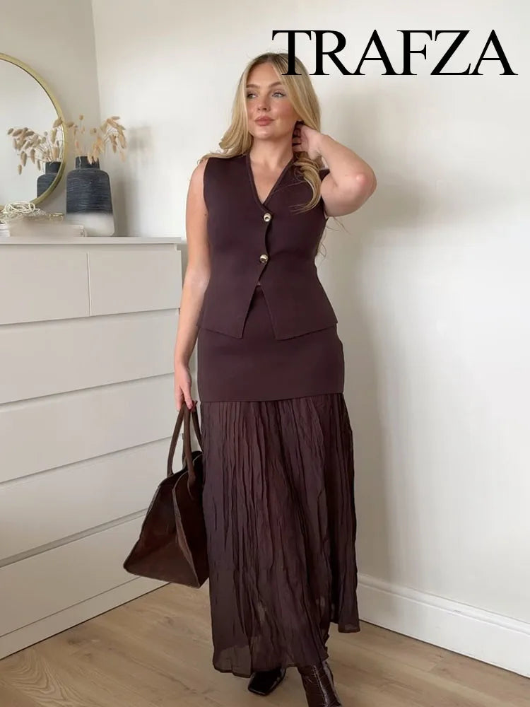 TRAFZA Women’s 2-Piece Set – V-Neck Knitted Vest Top + Elegant High Waist Long Skirt