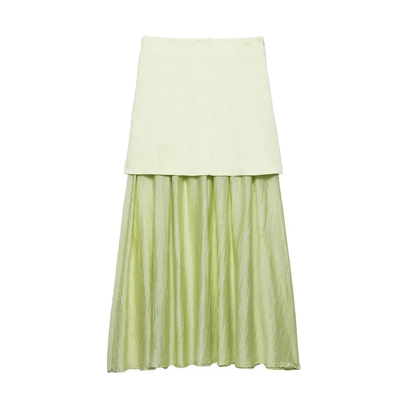 Two-tone skirt with a light green top and sheer green bottom on a white background