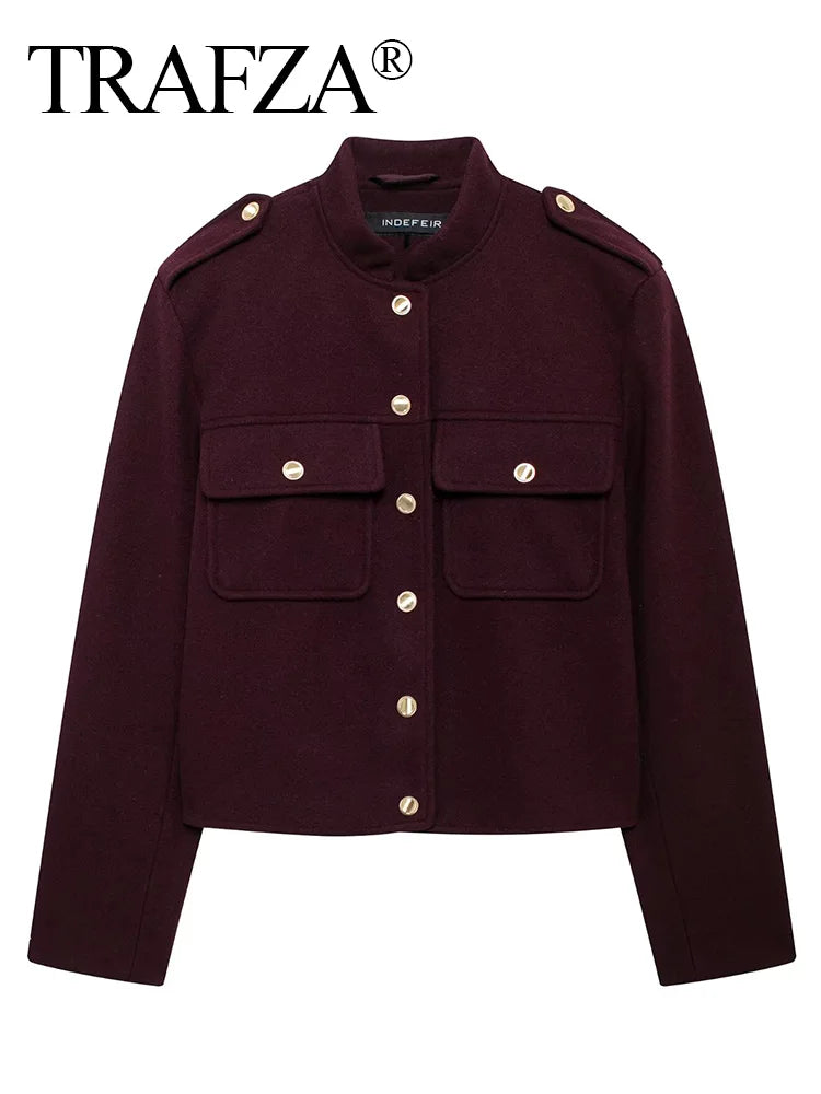 TRAFZA Fashion Women’s Soft Tweed Bomber Jacket – Vintage O-Neck Woolen Coat