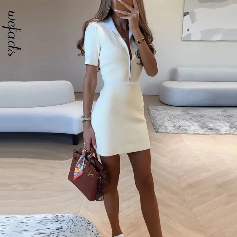 Mirage Mini Dress – Summer Fashion Lapel Zipper A-Line Short Skirt