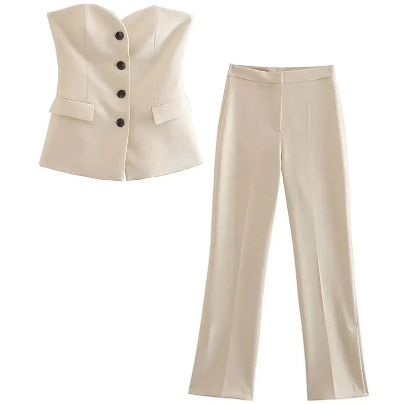 TRAFZA Women’s Pant Set – Strapless Tank Top & High Waist Straight Pants Office Lady Suit