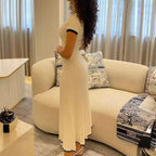 Summer Women White Long Skirt Suit – Elegant 2 Piece Crop Top & Pleated Skirt Set