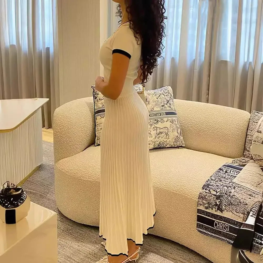 Summer Women White Long Skirt Suit – Elegant 2 Piece Crop Top & Pleated Skirt Set