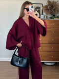 Women’s Casual Brown Cotton Linen Shirt & Pants Suit – Spring