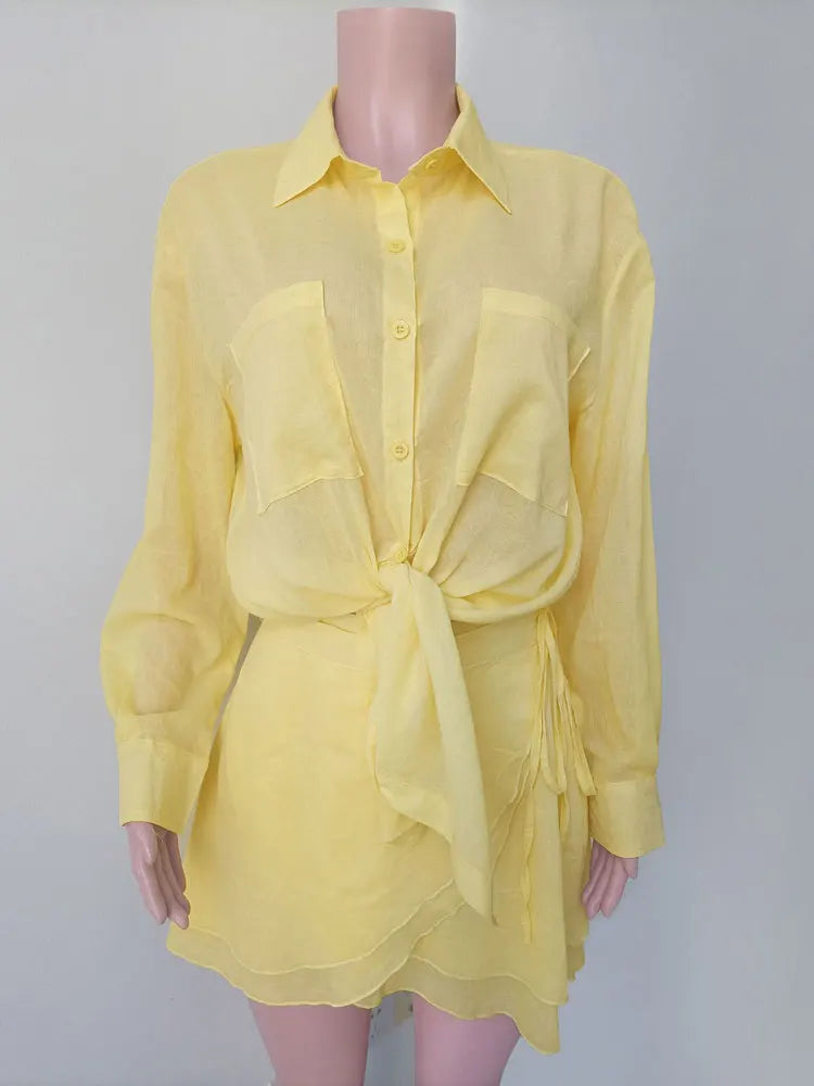 Casual 2 Piece Summer Outfit – Lace-Up Cover Up Shirt & Ruffled Mini Skirt