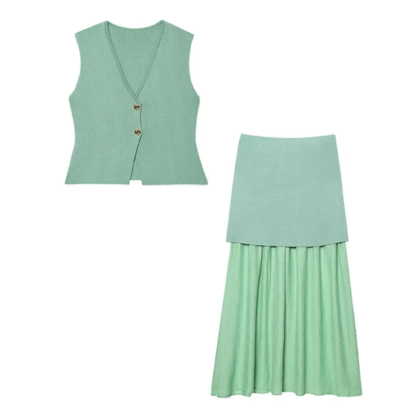 Green vest and skirt set on a white background